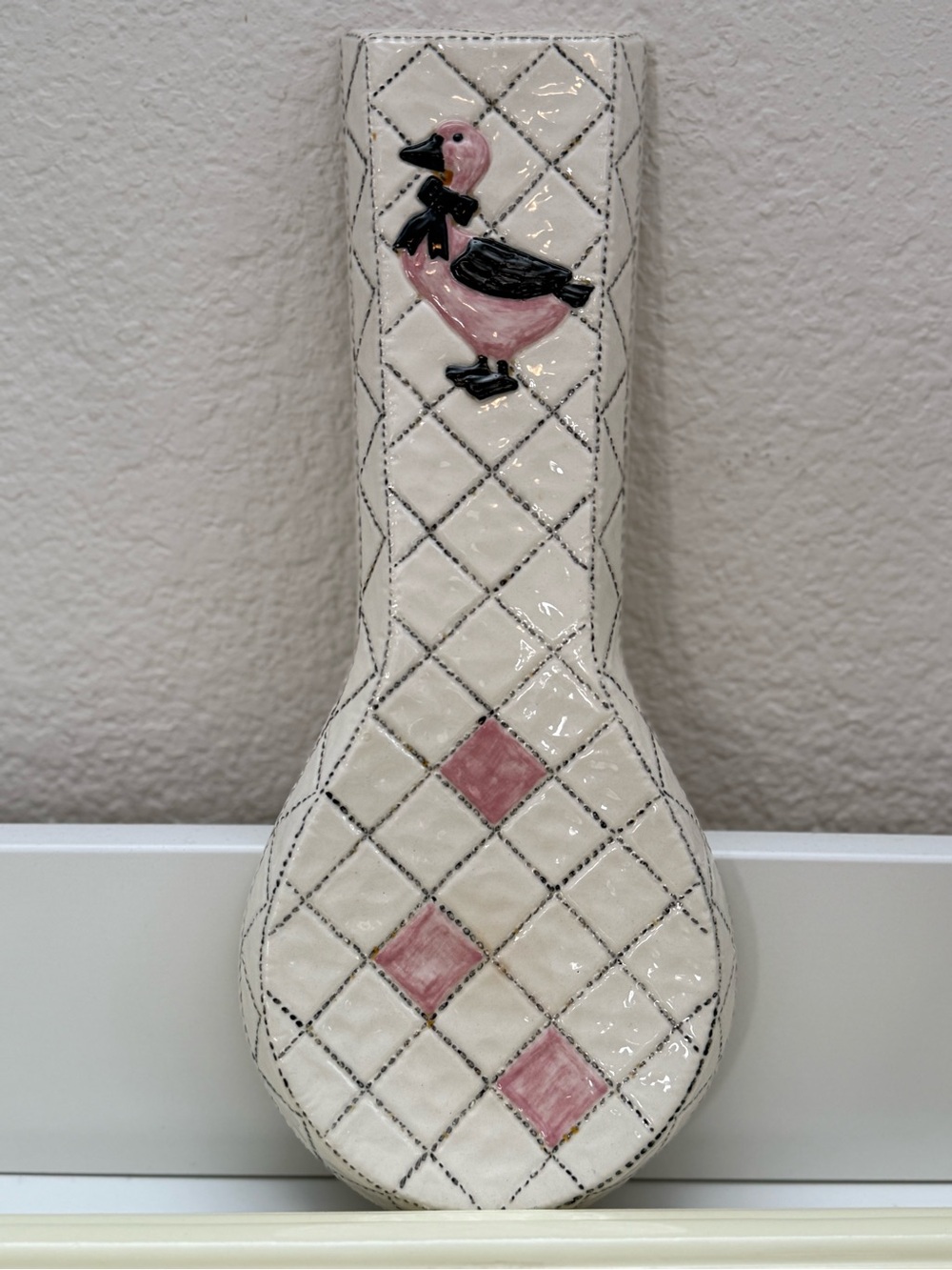 Vintage Pink Duck Ceramic Spoon Rest with Black Accents by Sittre Ceramic